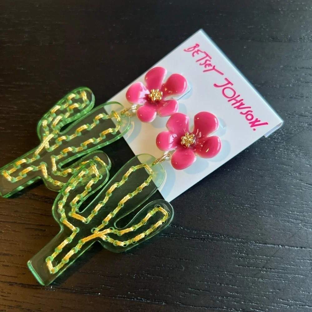 NWT Betsey Johnson Acetate Cactus with Flower Drop Earrings - Green & Pink